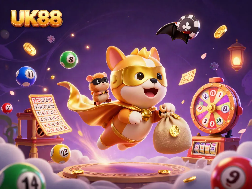 UK88 superhero dog flying with gold coins among vibrant lottery elements for an exciting casino experience