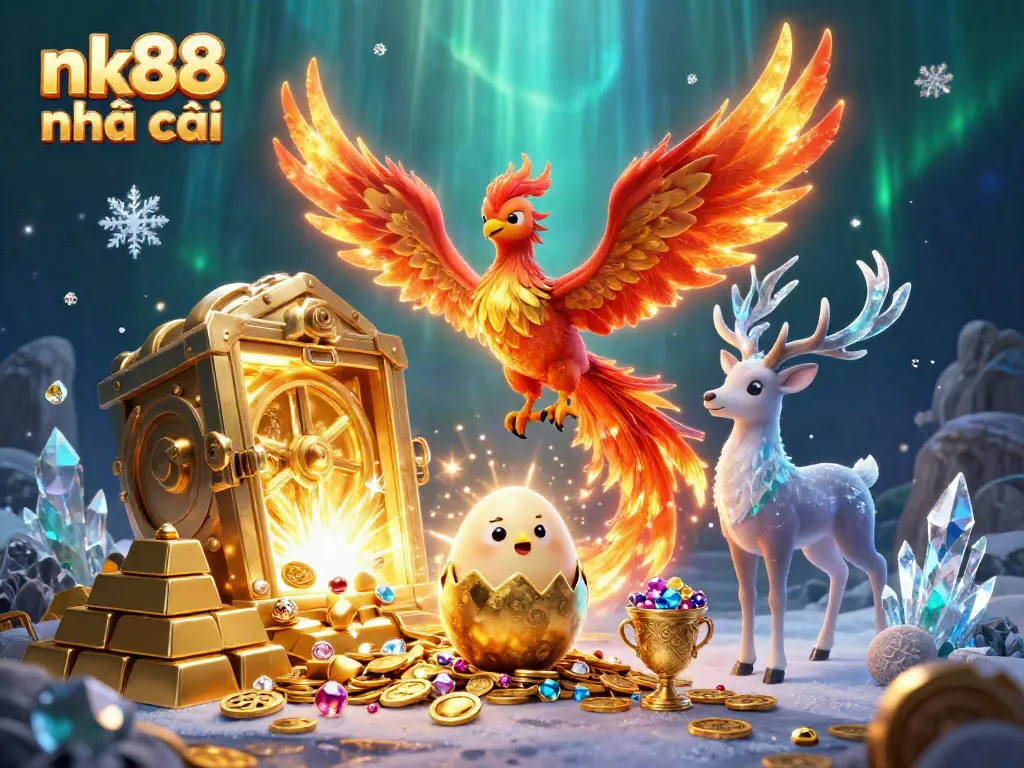 Engage in thrilling gambles at nk88 nhà cái with vibrant 3D phoenix and treasure scene.