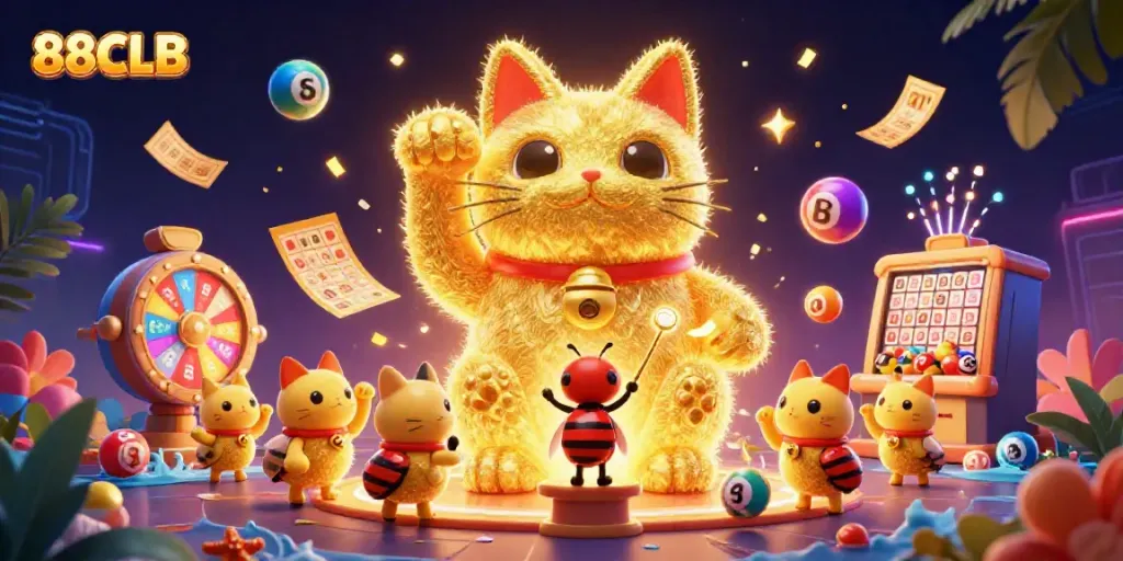Experience thrilling gambling with 88CLB's lucky cat illustration amidst exciting casino elements.
