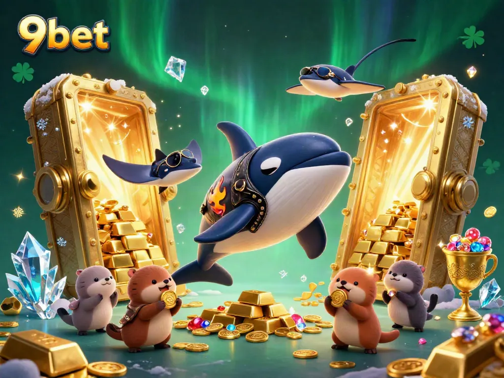 Experience fun with 9bet's vibrant casino adventure featuring a whale and otters in action.