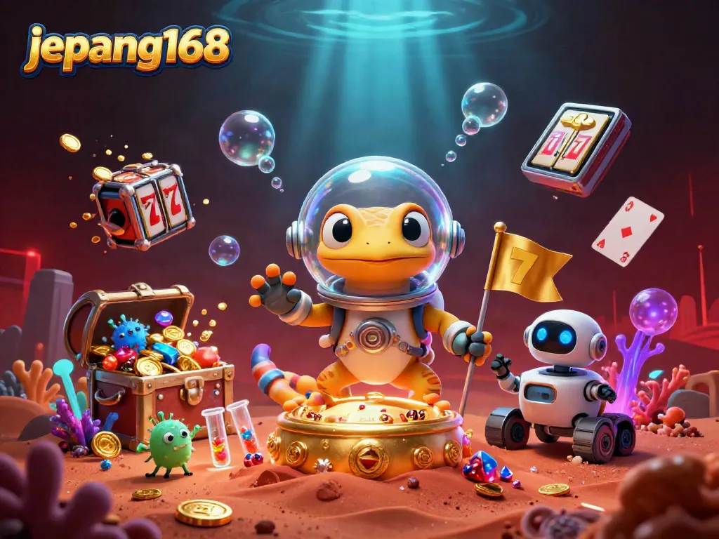 Experience the excitement of jepang168 with a Martian gecko uncovering a golden casino amid vibrant cosmic treasures.