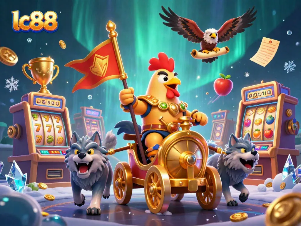 Spin the reels with lc88 featuring a rooster warlord in a vibrant casino scene.