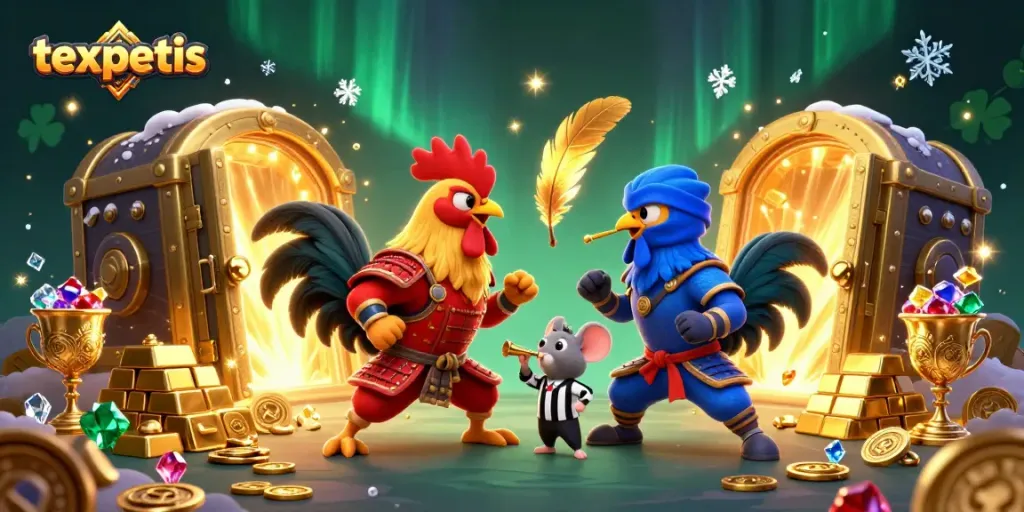 Mengamankan kemenangan dengan permainan roosters bertarung di platform texpertis yang penuh ornamen.