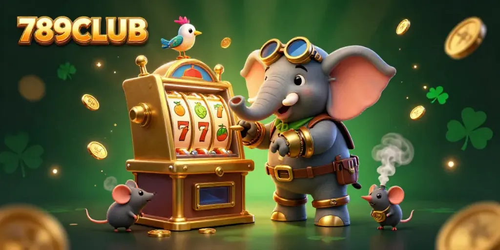 Spin the reels at 789CLUB with a whimsical steampunk elephant engineer amidst gold coins and vibrant fruit symbols.