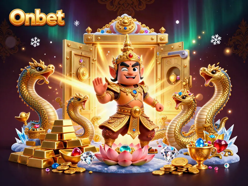 Engage in thrilling wins at Onbet casino featuring a cartoon yaksha guardian surrounded by treasures.