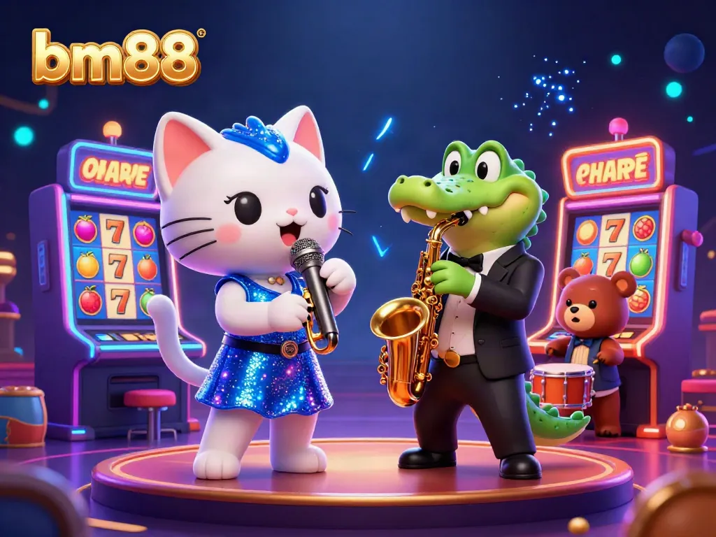 Experience the thrill of the bm88 casino scene with vibrant characters and dynamic slot machines.