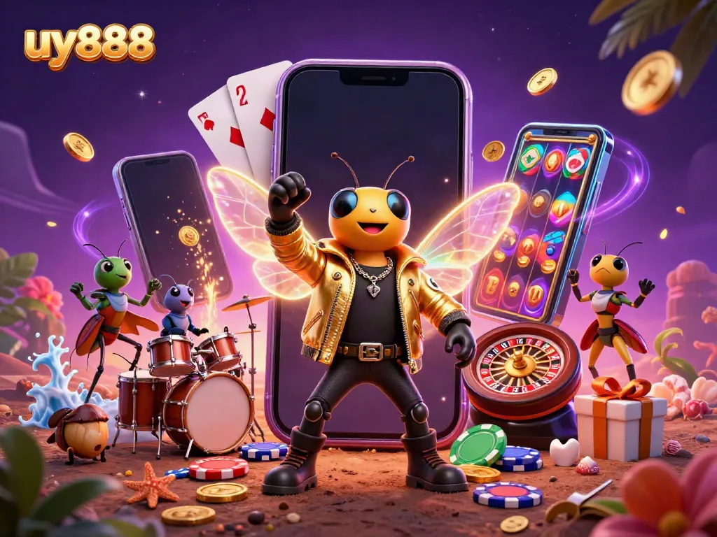 Experience the excitement of uy888 with a dynamic 3D casino-themed illustration featuring a rock star and vibrant game elements.