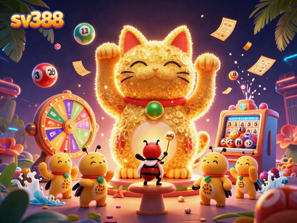 Experience the dynamic energy of sv388, featuring a lucky cat and vibrant casino elements.