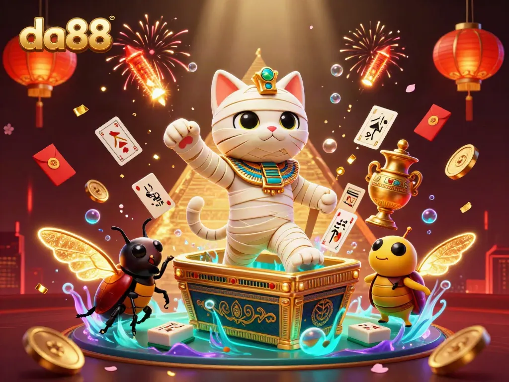 Experience the excitement of da88 in a vibrant casino scene with an Egyptian mummy cat and glowing elements.