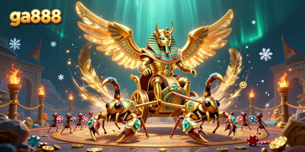 Engage in thrilling gameplay at ga888 with a vibrant 3D illustration showcasing dynamic characters and casino elements.