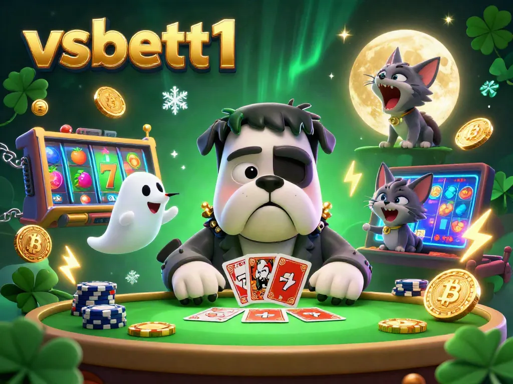 Engage in thrilling casino scenes with vsbett1, featuring a vibrant 3D illustration of a bulldog monster dealing cards among slot reels and crypto coins.