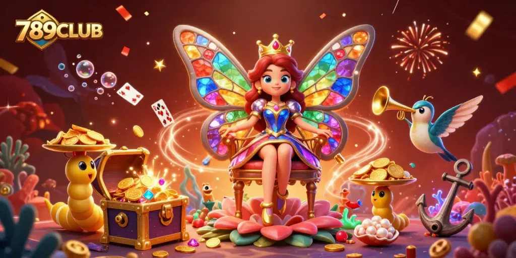 Engage with the vibrant 789CLUB scene showcasing a butterfly queen and casino treasures.