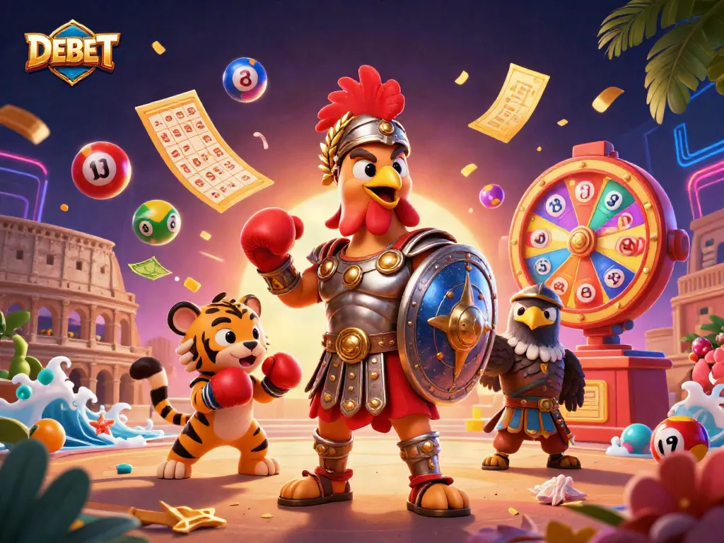 Win big with DEBET at the dynamic casino scene featuring vibrant lottery elements and action-packed characters.