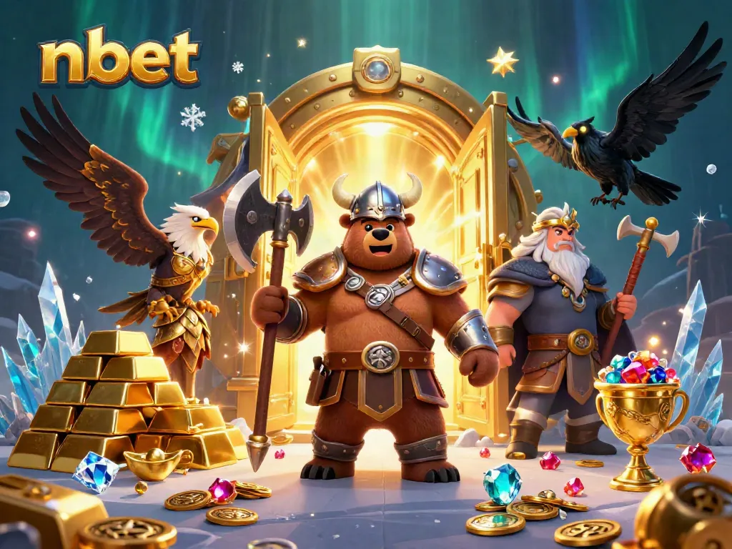Experience thrilling wins at nbet with a vibrant scene of cartoon Viking and treasures.