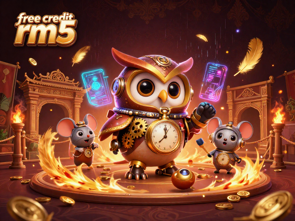 Experience free credit rm5 with our dynamic 3D illustration featuring a time-traveling casino owl and vibrant game elements.