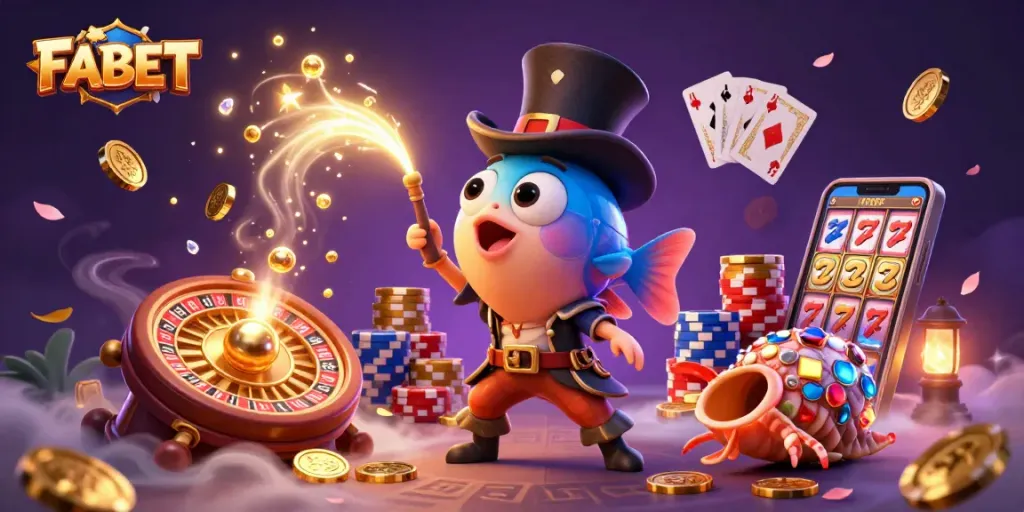 FABET attracts golden coins in a vibrant casino scene filled with 3D characters and dynamic elements.