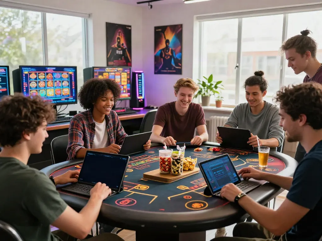 Engaging online gaming experience at https://five888vin.com/ with friends enjoying casino games in a vibrant atmosphere.