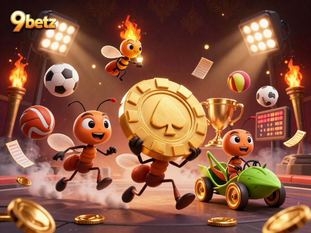 Engage with 9betz as ants navigate a tunnel heist for a giant poker chip amidst vibrant casino elements.