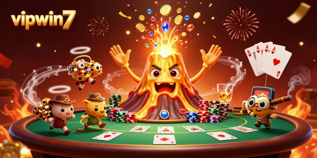 Win big at vipwin7 with a vibrant illustration of a golden volcano erupting coins and treasures.
