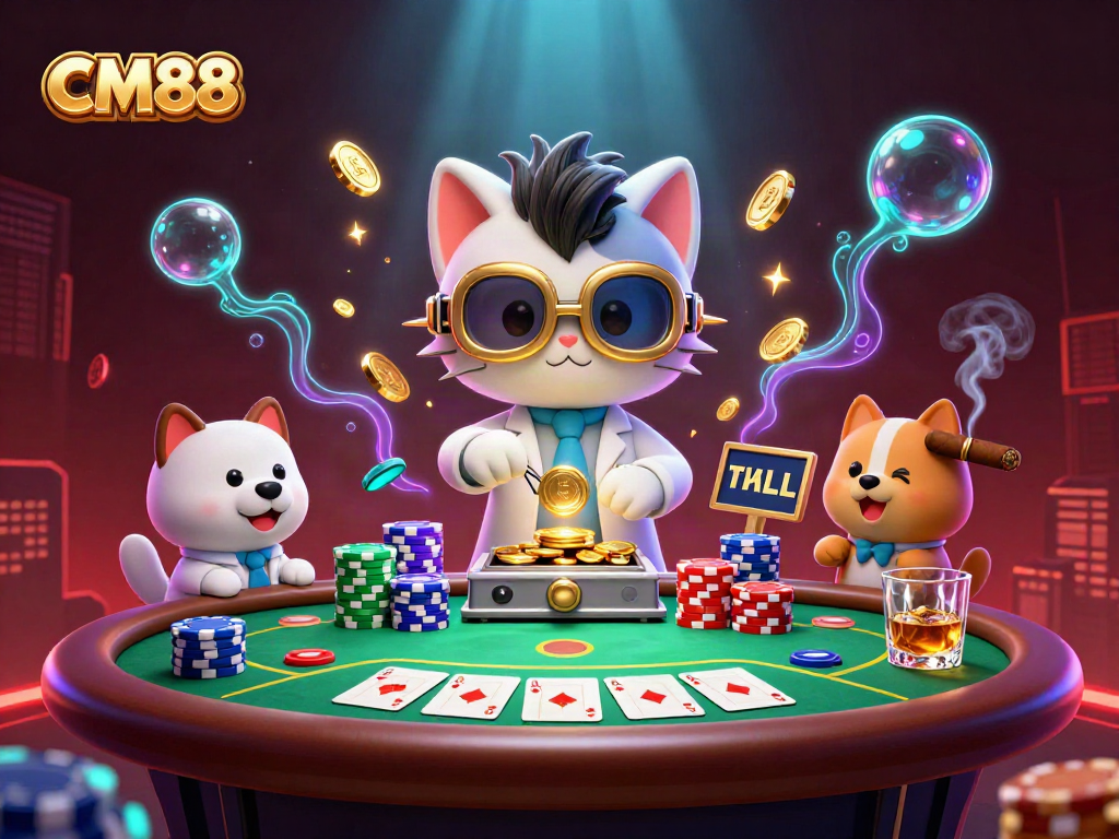 CM88 showcases a dynamic casino scene with a mad scientist cat and dog, poker elements, and vibrant details.