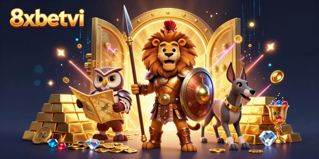 Experience thrilling gameplay at 8xbetvi with a vivid depiction of heroic characters amidst treasures.