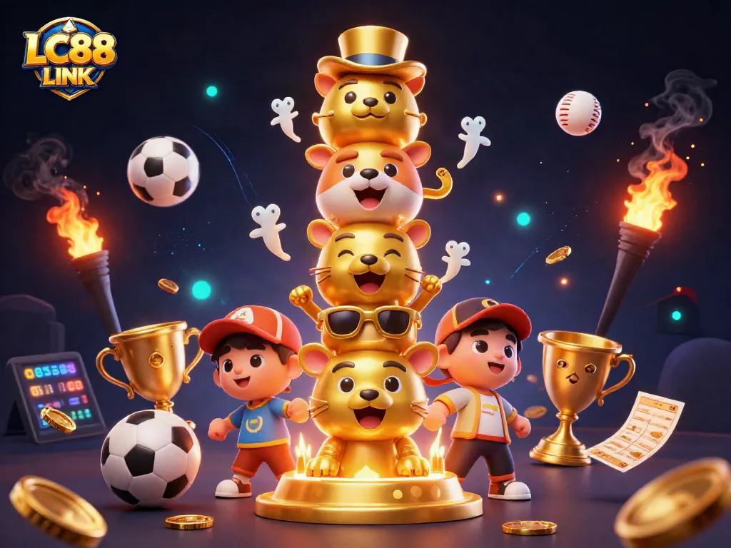 Engage with LC88 LINK to explore a vibrant 3D casino scene packed with dynamic gaming elements.