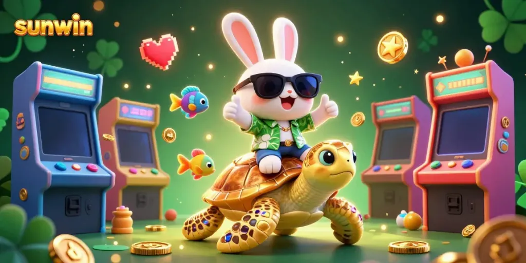 Experience the excitement of sunwin gaming with this captivating scene featuring a lucky rabbit and turtle amidst colorful game elements.