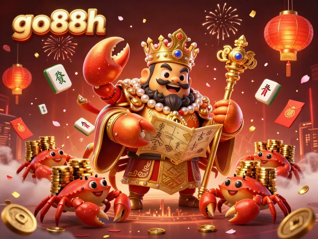 Experience thrilling gameplay at go88h with a golden crab emperor leading a vibrant casino scene filled with treasures.