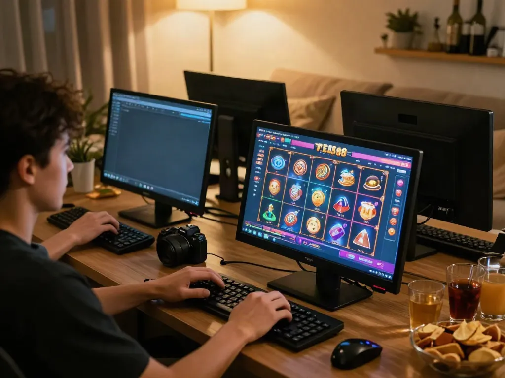 Engaged user enjoying slot88 game on smartphone in cozy living room.