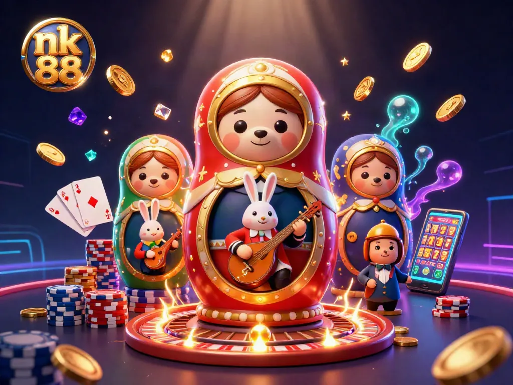Experience thrilling gameplay with nk 88's vibrant casino illustration featuring 3D elements.