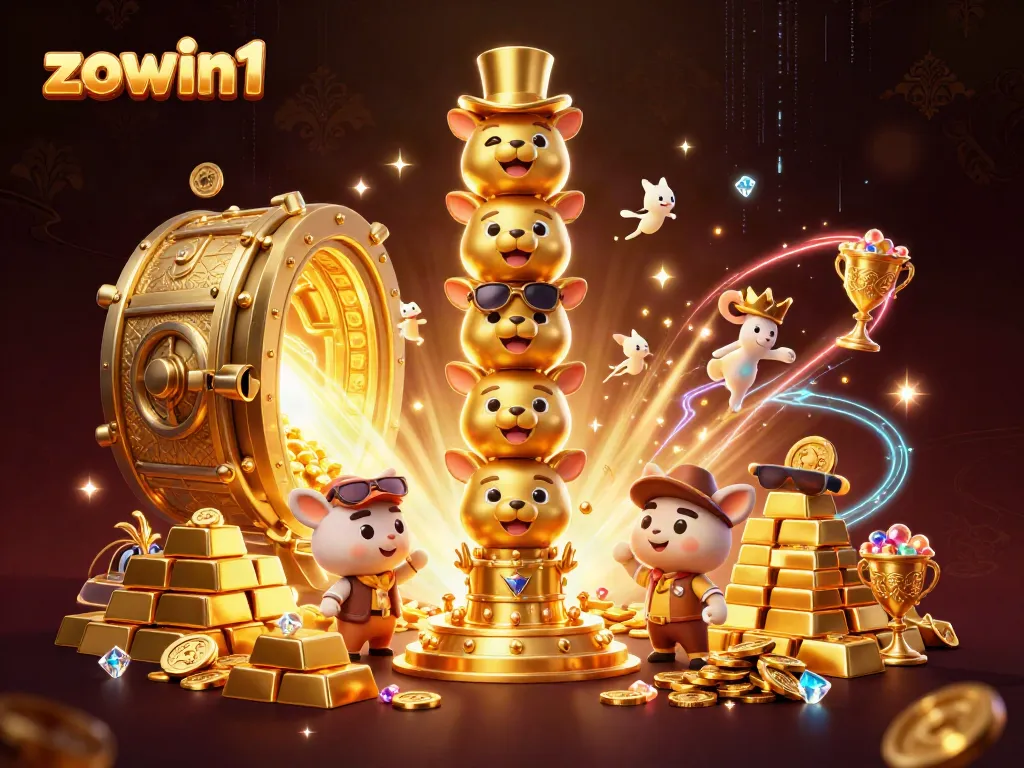 Win big with zowin1 at a vibrant casino featuring a cartoon golden totem and treasure vault.