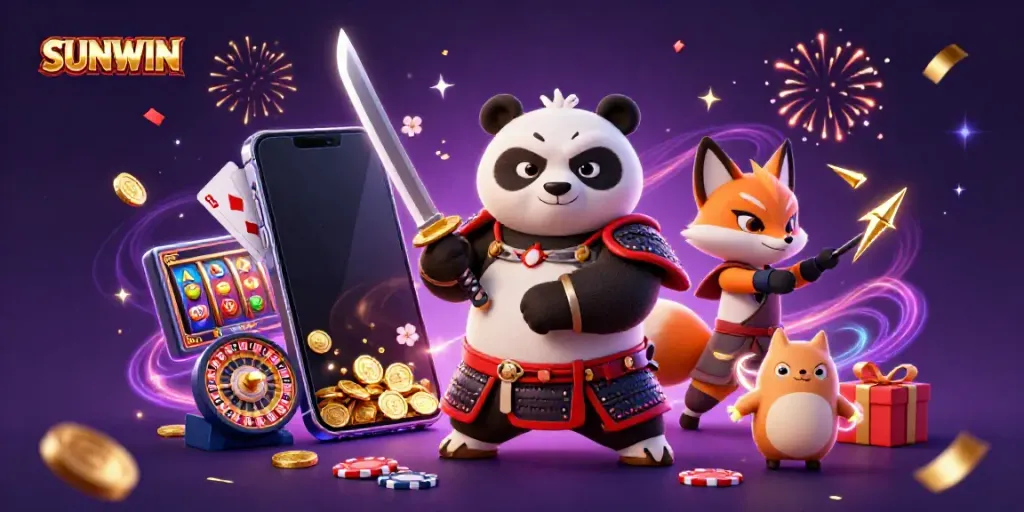SUNWIN showcase featuring a samurai panda and ninja fox among casino elements and magical energy.