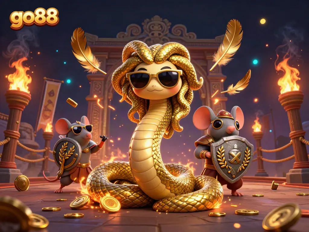 Experience go88's exciting gaming scene with Medusa and a warrior mouse in a vibrant illustration.