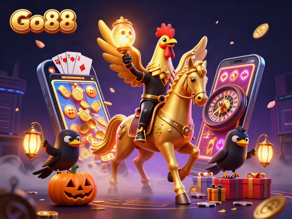 Go88 brings excitement with golden rooster, glowing games, and lively casino atmosphere.