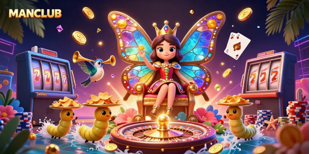 MANCLUB's butterfly queen captivatingly celebrates with chips and colorful casino elements.