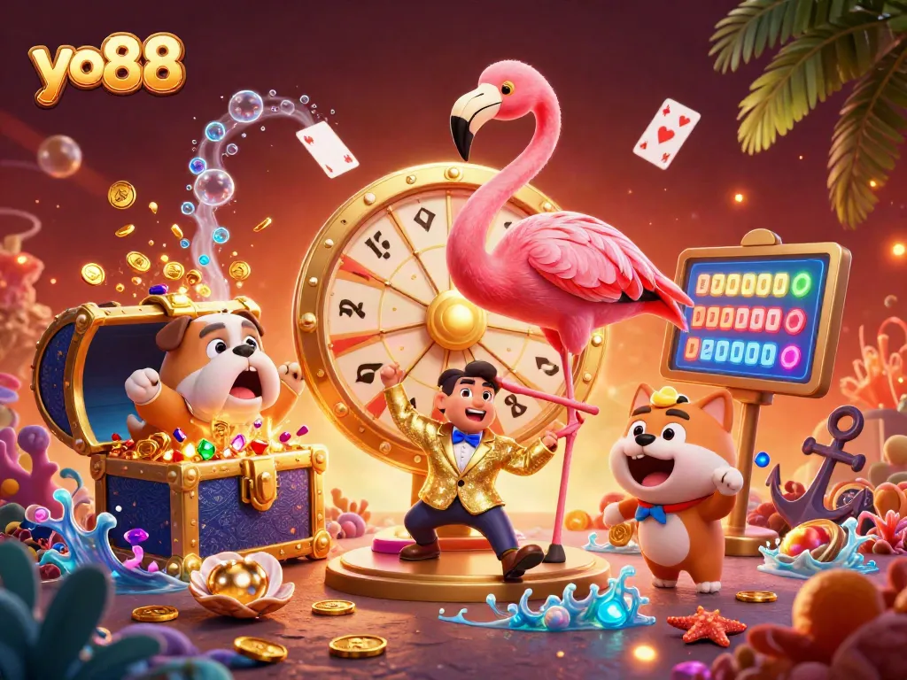 Spin the prize wheel with yo88 and a bulldog contestant in a vibrant casino scene
