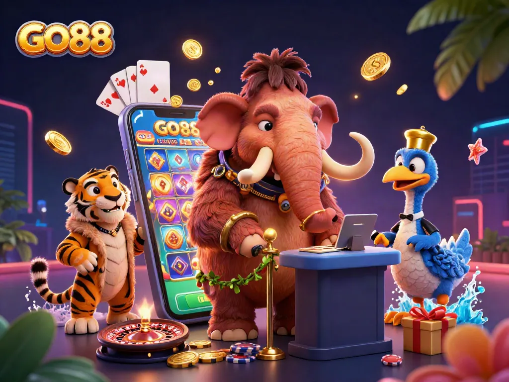 Engage with GO88's vibrant gaming scene featuring a casino bouncer and exotic guests.