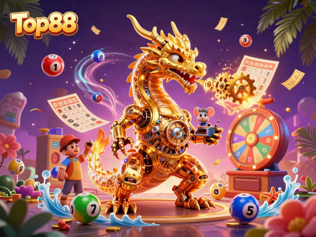 Experience the thrilling world of Top88 with a golden dragon, dynamic lottery elements, and vibrant casino imagery.