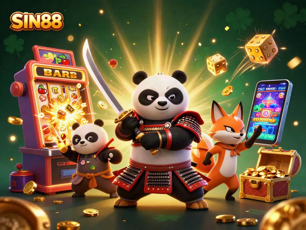 SIN88 engages players with a dynamic 3D cartoon scene featuring vibrant casino elements and energetic characters.