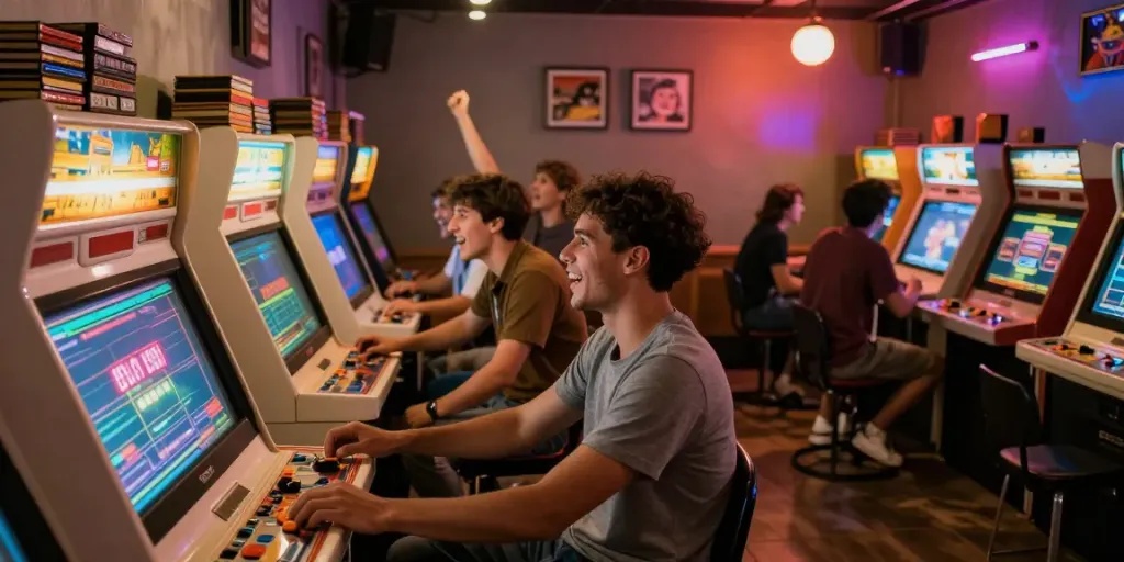 Group of gamers enjoying pecah 404 classic arcade games in vibrant retro room