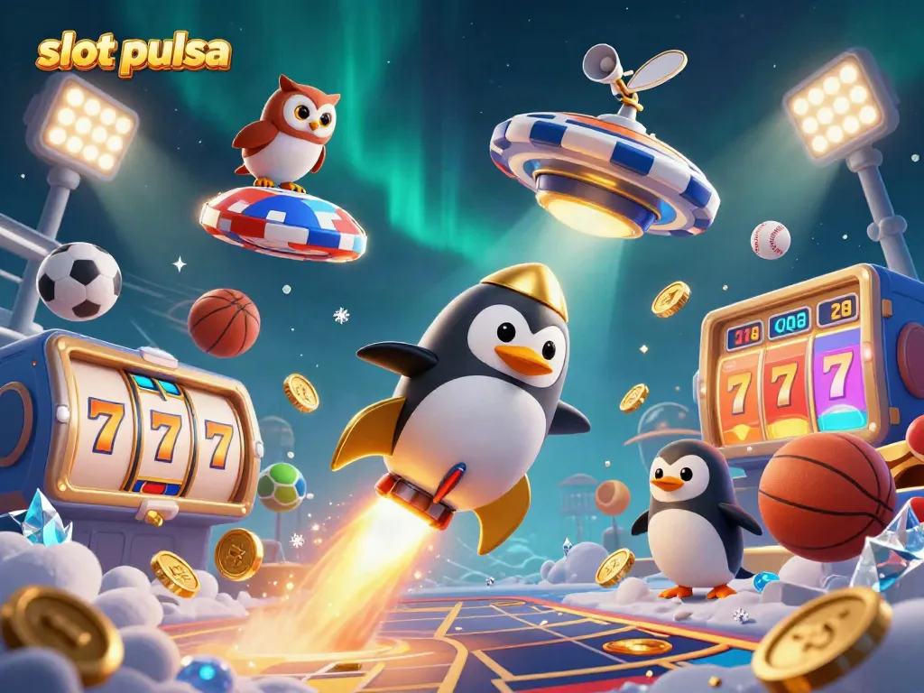 Experience the thrill of slot pulsa gaming with a golden penguin and casino elements in a space adventure.