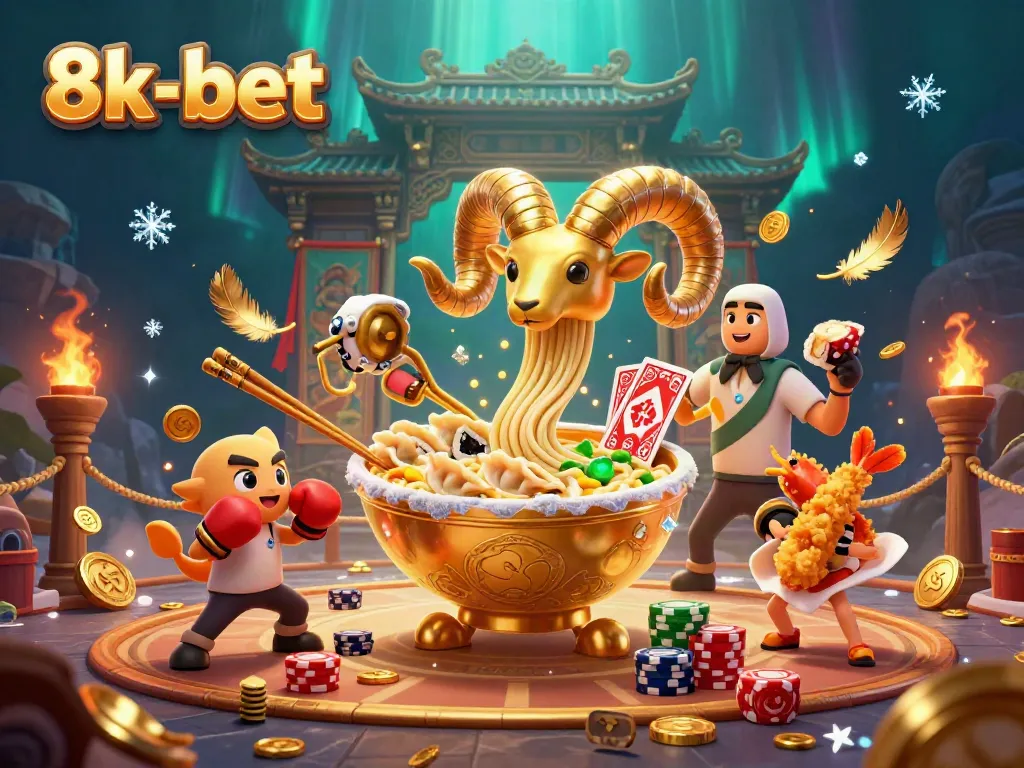 Engage with 8k-bet as a giant ramen bowl deals cards and chips in a vibrant casino scene.