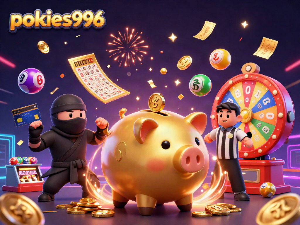 Experience the excitement of pokies996 with a dynamic casino-themed 3D illustration featuring vibrant characters and elements.