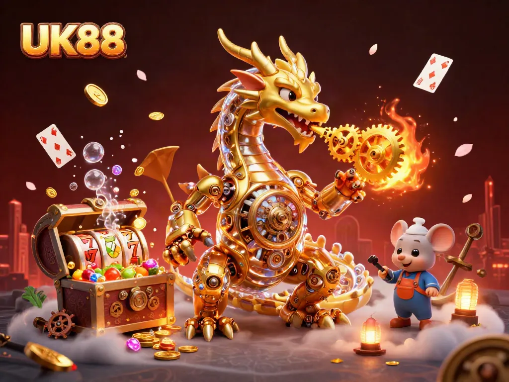 Engage with UK88's vibrant casino experience featuring a golden dragon and dynamic gaming elements.