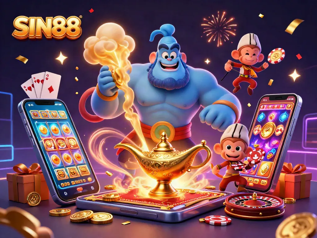 SIN88 Casino illustrates a vibrant scene with a genie, monkey, and a flying carpet among casino elements.