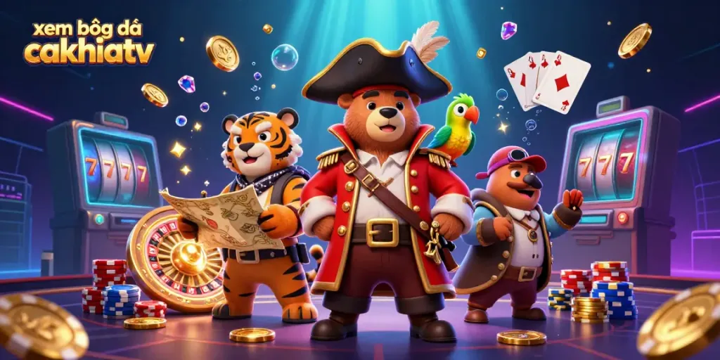 Experience xem bóng đá cakhiatv with a vibrant casino scene featuring playful characters amidst rich gambling elements.