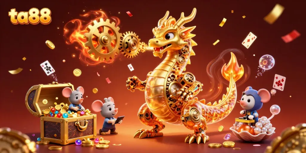 Experience the excitement of ta88 with a golden dragon and treasures in a thrilling casino scene.