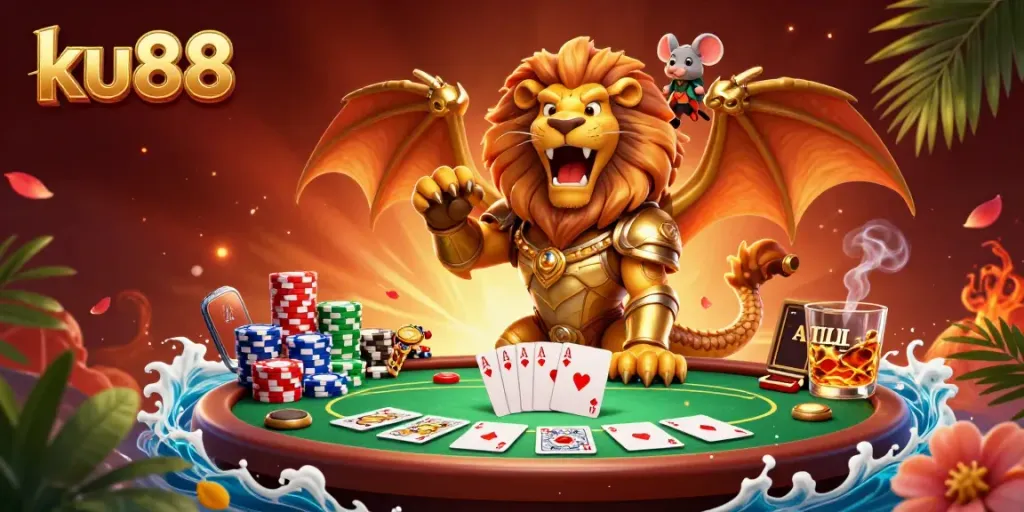 Experience the thrill of ku88 at a vibrant poker table with action-packed gaming elements.