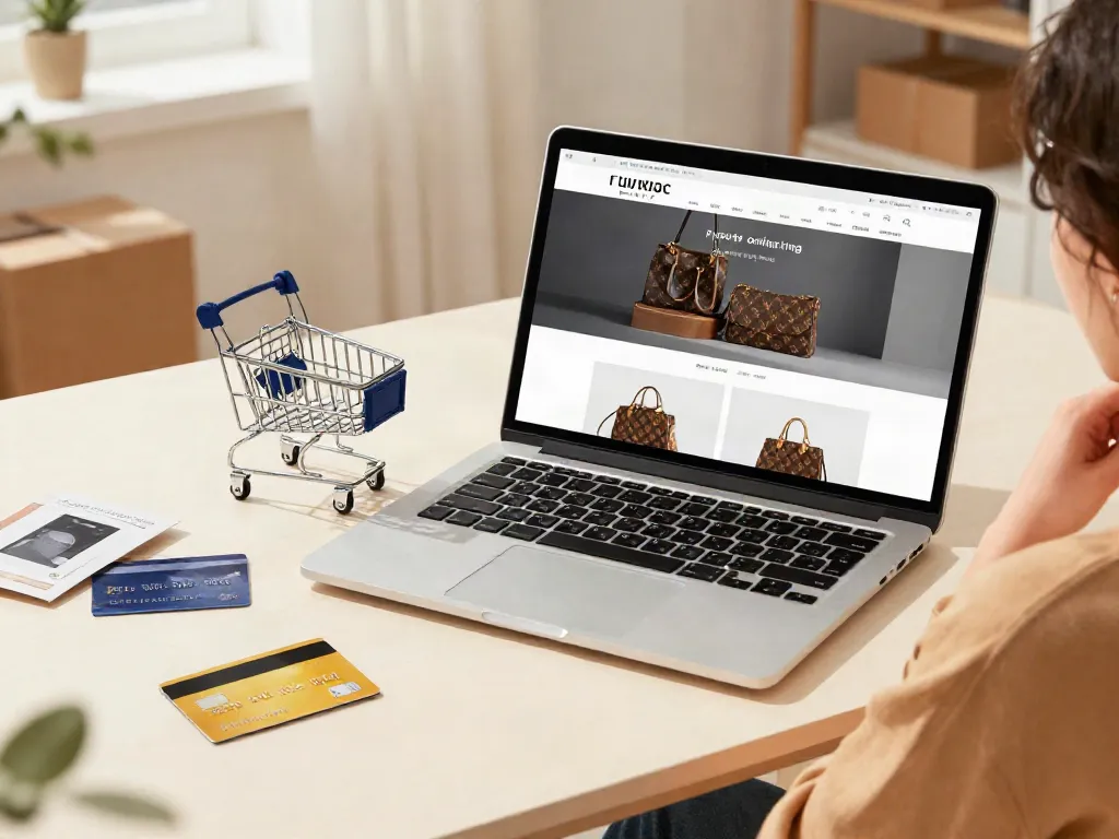 Online shopping scene featuring Fake Baga options on a laptop screen, inviting e-commerce vibe.
