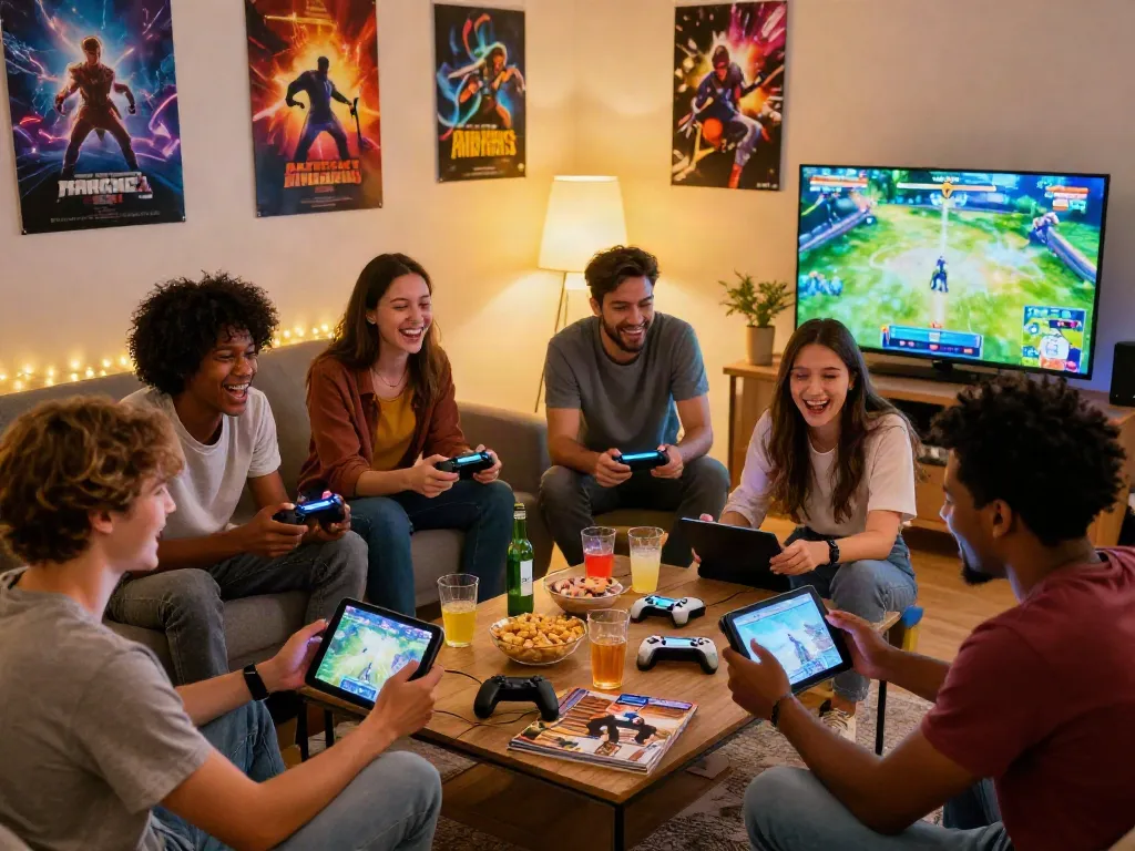 Friends enjoying games on garuda404 platform in a lively living room, showcasing excitement and social interaction.